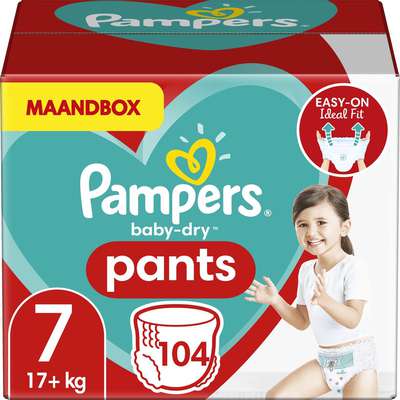 Pampers Windeln Pants Größe 7 (17+kg) Baby Dry, 104 Höschenwindeln, MONATSBOX